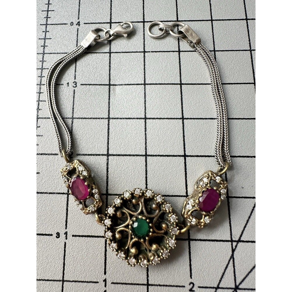 925 Sterling Silver Ruby Emerald Floral Bracelet 8”